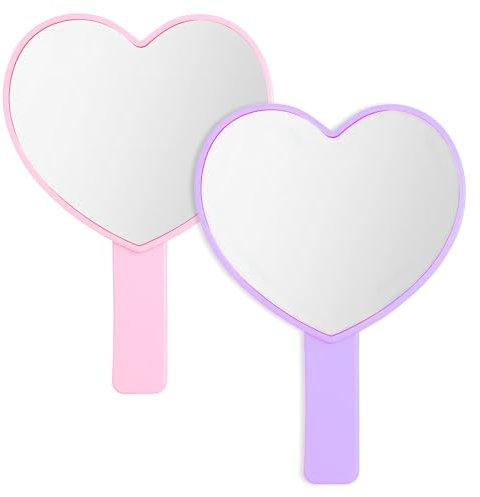 Sorcristy Lot de 2 miroirs à main pour femme, en forme de cœur avec poignée, miroirs de maquillage décoratifs pour voyage, Saint-Valentin (rose, violet)