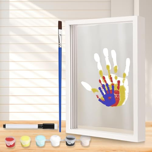 Juego de impresión de manos para familias, marco de madera transparente para huellas de manos de bebés y familias con 6 pinturas acrílicas no tóxicas, marco de fotos perfecto para manualidades, marcos