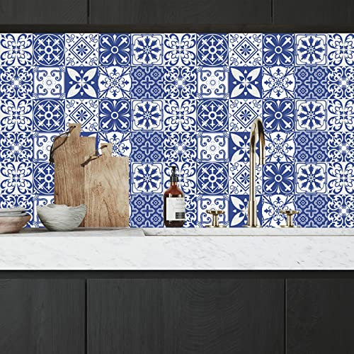 Pavimento pvc Adesivo Blu Retro Marocco Piastrelle Adesive Cucina Bagno Impermeabile Pannelli Decorativi per Pareti Decorazione Mattonelle Adesive Cucina 10x10cm/10 pezzi