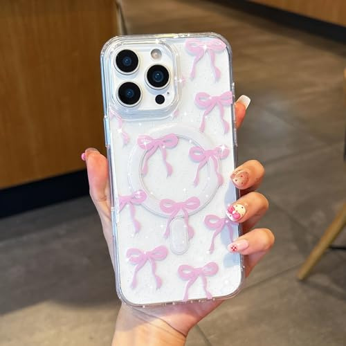 UEEBAI Magnetisch Hülle für iPhone 15 Pro, Niedliche Glitter Tansparent Handyhülle mit Schleife Schutzhülle mit Kabelloses Laden, Weiche Bumper Cover Case für Frauen Mädchen, Glitzer Rosa