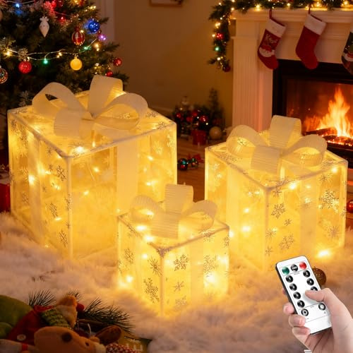 FainFun 3er Set Led Geschenke Weihnachten Deko, Geschenkboxen mit Timer und Fernbedienung, Weihnachts Deko Boxen mit Warmem Licht für Weihnachtsbäume, Fensterbänke, Balkone und Gärten (Schneeflocken)