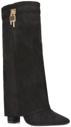 ESSEX GLAM Women's Fold Over Ladies Black Faux Suede Knee High Lock Buckle Boots Size 3