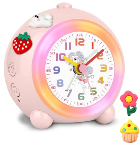 SOCICO Analoger Kinder Wecker Mädchen, Einhorn Design, Lautlos, Ohne Ticken Niedlicher Pfirsich Wecker Analog, mit Buntem Licht, Einstellbare Lautstärke (Blassrosa)