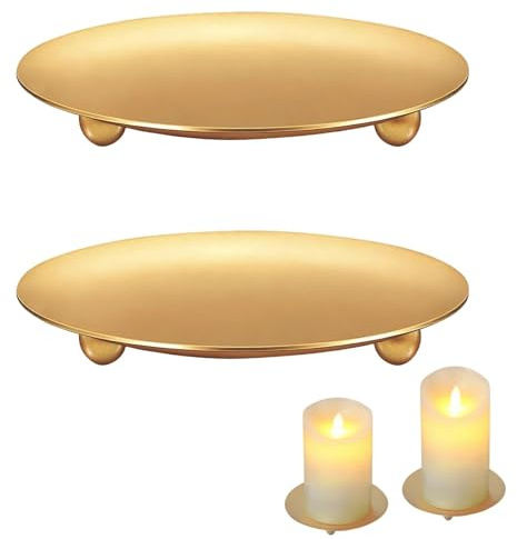 2 Stück Kerzenhalter Stumpenkerzen, Teelichthalter Metall, Rund Kerzenteller, Kerzen Untersetzer, für Wachskerzen Halloween Hochzeit Party Wohnzimmer (9cm, Gold)