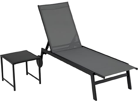 GOPLUS Tumbona Jardin Exterior con Mesa Auxiliar de Cristal, Conjunto de Sillas Exterior Apliables Reclinables en 6 Posiciones y 2 Ruedas Incorporadas, Malla Transpirable, Carga 150kg (Gris + Negro)