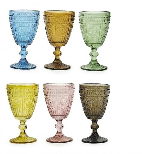 COSE DA CASA Set 6 Calici Vetro Colorati barocco Bicchieri con Piede Lavorati Stile Vintage Eleganti per Vino Acqua Cocktail Capacità 30cl Servizio Multicolor Tavola Occasioni Eleganza