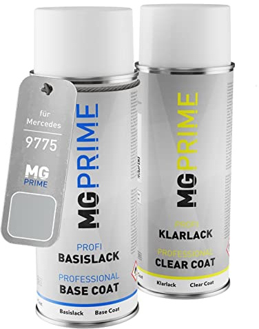 MG PRIME Autolack Spraydose für Mercedes 9775/775 Iridiumsilber Me. +1K | Iridium Silver Metallic / Iridiumsilber Metallic, Set aus Basislack + Klarlack, Sprühdosen 400ml