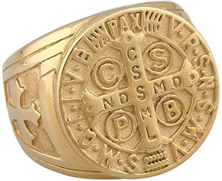 Flongo Herren Ring Männerring Herrenring Benediktussegen, Breit Edelstahl Band Ring Ringe Gold Bandring Siegelring Daumenring Saint Benedict Medal Herren-Accessoires Größe 59