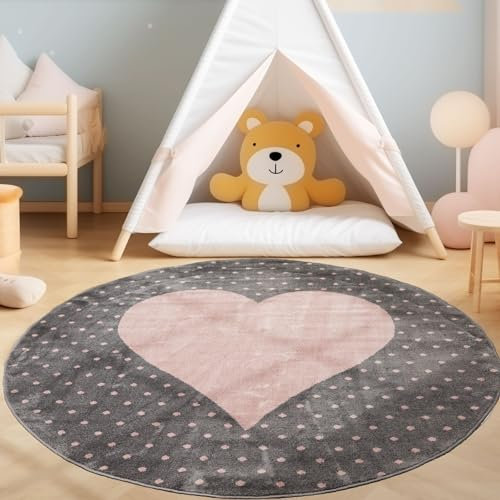 SIMPEX KinderTeppich, Herz-Design, Teppich Rosa, 160 cm Rund, Teppich für Kinder, Teppich Kinderzimmer