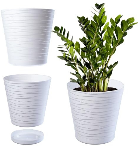 KADAX Pot de Fleurs en Plastique avec Soucoupe Incorporée, Pot de Plantes avec Conception Raffinée pour la Décoration d'Intérieur (13 cm, Blanc)