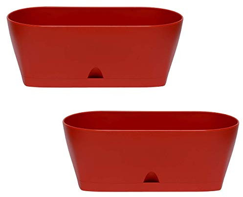 Engelland - 2 x Blumenkasten mit Untersetzer, Rot, Balkonkasten, Pflanztopf, 25 cm, Tischdeko, für Garten, Terrasse, Fensterbank, mit Wasserauffangschale, Innen- & Außenbereich, 1,7 Liter