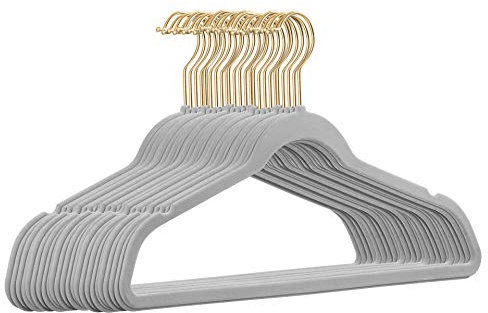 25 Stück hochwertige Samt Kleiderbügel in der Farbe Hellgrau mit Gold Look Haken/Anti-Rutsch/von StickandShine