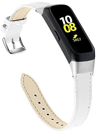 Jennyfly Bracelet de montre en cuir véritable souple compatible avec Samsung Galaxy Fit SM-R370, pour femme réglable de 14 à 20,6 cm - Bracelet fin avec boucle en métal - Blanc