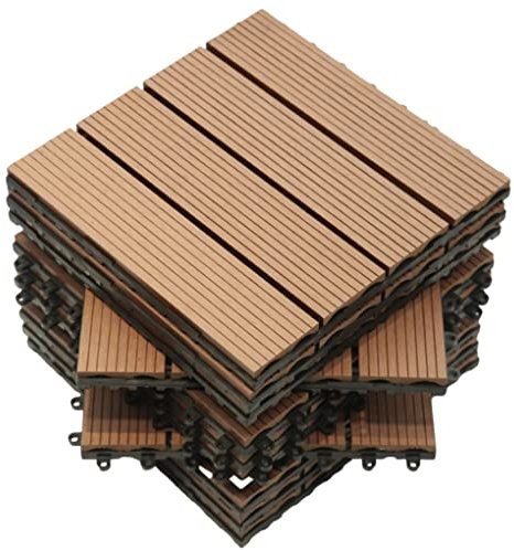 12 Pack Brown Composite Wood Plastic Decking Interlocking Tiles with Wooden Woodgrain Effect Outdoor Garden Patio Deck Slab Panels Flooring Boards Cover 30cm x 30cm Heavy Duty