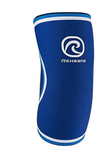Rehband Rx Ellenbogenbandage Kraftsport, 5mm Neopren Ellenbogenschoner stabilisiert Muskeln & Gelenk, unterstützende Armbandage Ellenbogen, Farbe:Blau, Größe:L
