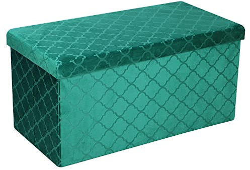 Folding Storage Ottoman Velvet Lattice Storage Box Pressed Velvet Seat Stool Chair Footstool Pouffe Bench (76cm x 38cm, Emerald Green)
