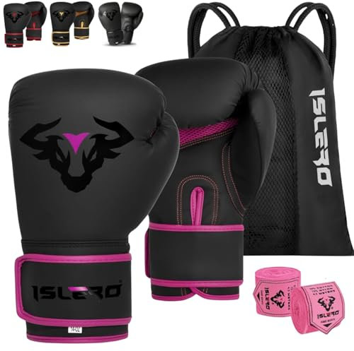 Islero EVO Fitness - Guantoni da boxe da uomo, colore nero opaco, da donna, rosa, per MMA, Muay Thai, arti marziali, kickboxing, sparring, allenamento, combattimento, con fasce per le mani (8 oz,