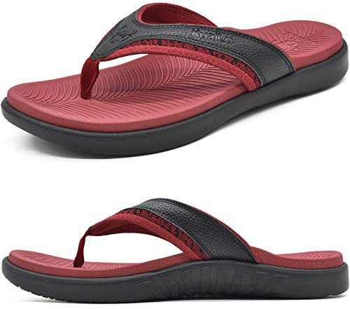 KuaiLu Men's Orthopaedic Sandals with Comfort Arch Support, Stylish Flip Flops for Men with Soft Yoga Mat Insole, Non-Skid Sporty Bottom, Size 9.5 Red Black