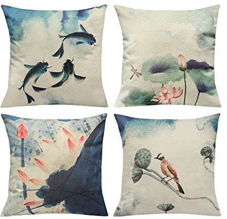 LIGICKY Kissenbezug 45x45 cm Chinesischer Stil Leinen Dekorative Kissenhülle, 4er Set Lotusteich Bedruckter Kissenbezüge für Sofa Couch Schlafzimmer Wohnzimmer Büro