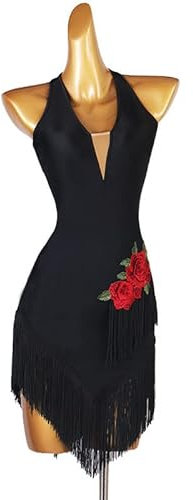 Stickerei Latin Professional Competition Dance Kleider Rumba Tassel Zumba Tango Professioneller Wettbewerb Tanz Kostüme Ärmelloses Salsa Übungs Tanz Outfit Gymnastikanzug Samba Tanzkleid,Schwarz,S
