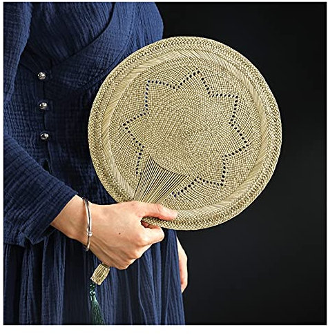Decoración de ratán de Ventilador Hecho a Mano, Ventilador Redondo de Mano Chino, Ventilador de rockero de Mano Tejida a Mano Pura con borlas, Dia 10.24