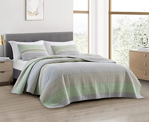 Chezmoi Collection Rene 3-teiliges Boho Chic Patchwork Streifen Bettwäsche-Set – Grün Grau Weiß Plaid Candy Stripe Wende-Tagesdecke – vorgewaschene Baumwolle leichter Bettbezug, Queen-Size-Größe