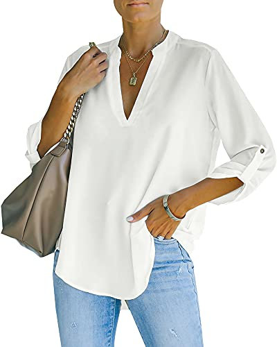 NONSAR Damen Bluse Elegant V-Ausschnitt Henley Hemdbluse Aufrollbaren Ärmeln Locker Blusen Lange Ärmel(9351L,Weiß)