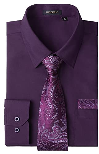 HISDERN Camisa Hombre Violeta Manga Larga Formal Camisas y Corbata Elegante Camisa de Vestir de Negocios Boda con Bolsillo Regular Fit M