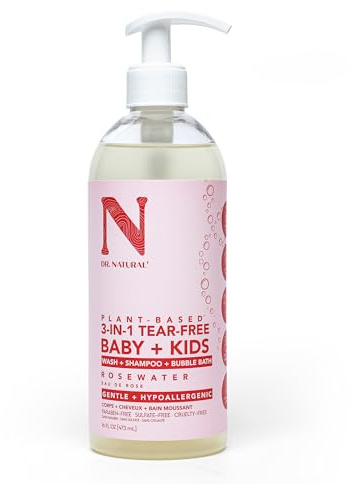 Dr. Natural 3-in-1 Tear-Free Baby Plus Kids Soap - Head-to-Toe Baby Soap and Shampoo - Sensitive Skin Moisturizing Body Wash - Rosewater - 474 ml