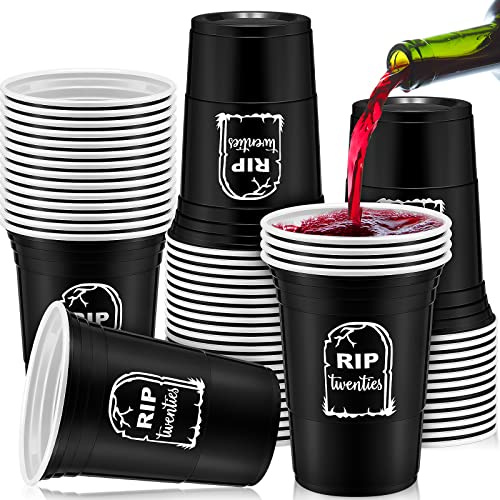 Rtteri 48 Pack Death to My 20s Decorations 16 oz Rip to My 20s Cups | Plastic 30th Birthday Decorations for Him, Black and White, Disposable Party Thick Twenties Birthday Cups for Women