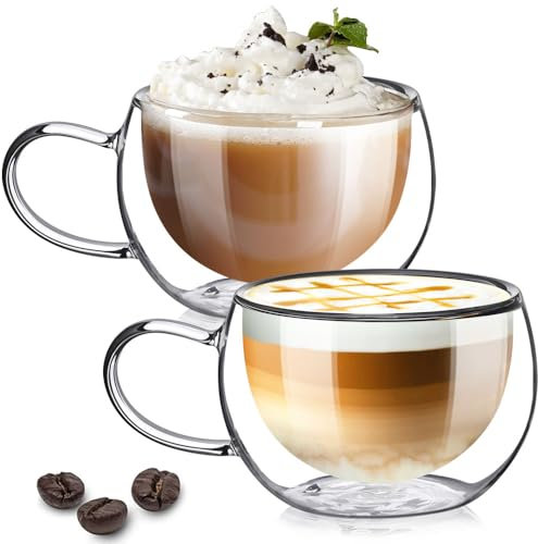 TKNO Double Walled Glass Cappuccino Cups, 270ml Cup Set of 2 Hollow Vacuum Sealed Insulated Cappuccino Latte Macchiato Coffee Glasses, Hand Made, Heat Resistant, Microwave Safe Drinking Glass Mugs