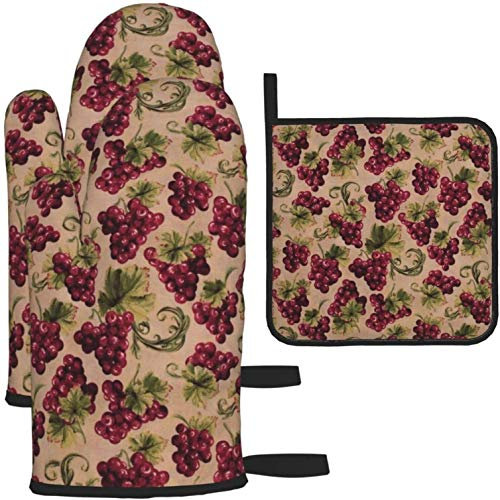 Ofenhandschuhe und Topflappen, Weintrauben, Weinreben, lila, Backhandschuh und Topflappen zum Kochen, Grillen, 3-teiliges Set