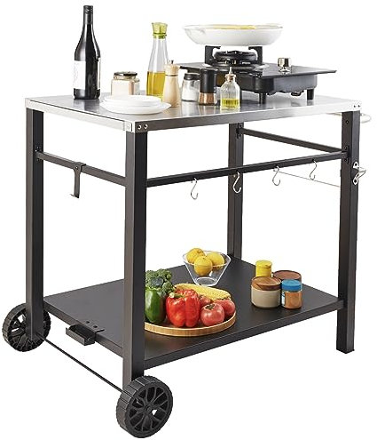 VEVOR Carrello da Pranzo per BBQ da Esterno con Doppio Ripiano, Tavolo Mobile Preparazione degli Alimenti per Barbecue, Piano Multifunzionale in Ferro Pieghevole, Carrelli da Esterno Piano 85x55 cm