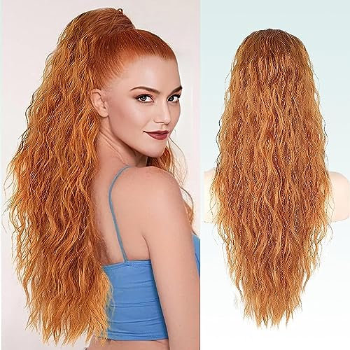PORSMEER Pferdeschwanz Haarteil Lang 75 cm mit Kordelzug Wellig Locken Ponytail Extension Ingwer Orange Natürliches Clip in Haarteil Ponytail Haarzopf für Damen Afro Zopf Haarverlängerunge