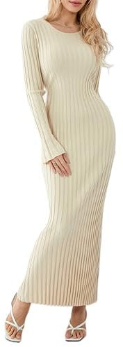 Geagodelia Ribbed Knit Maxi Dress for Women Long Sleeve Crew Neck Slim Fit Bodycon Long Dress Casual Knitted Jumper Dress (090601#Beige, S)