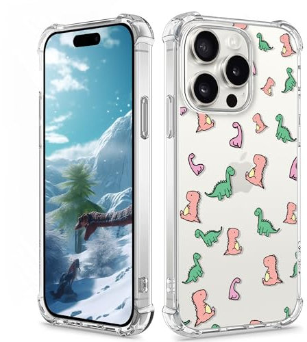XIMIZU Clear Cute Case for iPhone 15 Pro Max Kids, Dinosaur Design Soft Slim TPU Bumper Resistant Anti-fall Shockproof Protective Phone Cover Case for iPhone 15 Pro Max