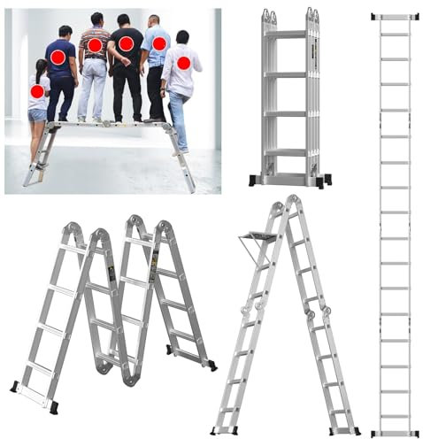 Ladder 4.7M 15.5FT Aluminium Rungs Ladder Combination Ladder 4 x 4 Tread Multipurpose 16 Step Ladder Heavy Duty Foldable Step Ladders with Scaffold Platforms, 330lb Max Load, for Home DIY