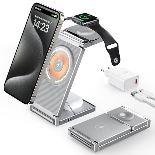 Kabelloses Ladegerät,Hohosb 3 in 1 Zinklegierung Faltbar Magnetische Ladestation[Kompatibel mit Magsafe Ladegerät]für iPhone 15/14/13/12 Series,AirPods Pro/3/2,iWatch 2-9(Titanium Grau)