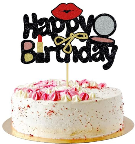 UXYOKM 1Pcs Makeup Happy Birthday Cake Topper Powder Compact Eyelash Curler Lip Lipstick Glitter Cake Decorations for Girls Women Female Makeup Spa Theme Birthday Party Supplies