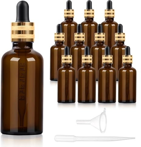 StarryTiger 12 Pcs 50ml Flacons en Verre Ambre avec Pipettes, Bouteilles en Verre Vide avec Compte-gouttes Verre Pipettes pour Huile Essentielle, Aromathérapie, Liquids Chimique, Parfum