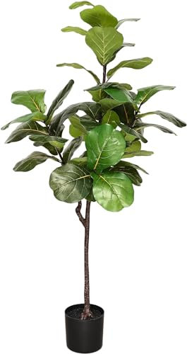 WINOON Figue artificielle de 1,5 m pour intérieur et extérieur, fausse plante ficus lyrata avec feuilles artificielles pour décoration de maison, bureau, jardin, 44 feuilles