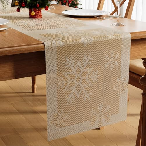 Famibay Tischläufer Weihnachten Gold Tischläufer Abwaschbar Hitzebeständig PVC Tischläufer 180x30cm Lang Esstisch Küchentisch Läufer für Häuser Restaurants Hotel