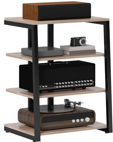HOMCOM HiFi Stand, 4-Tier Media Storage Shelf with Adjustable Shelves, Power Strip Rack for Router, Record Player, Printer, Industrial TV Stand for up to 28 Inch TVs, Grey