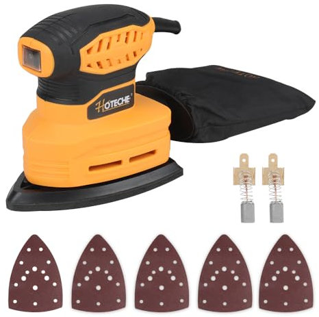 Hoteche Levigatrice a delta da 160 W, potente levigatrice per legno, mobili e fai da te, 13000 rpm, autoaspirazione, piastra 140 x 140 x 80 mm, con spazzole in carbonio, 5 fogli abrasivi e sacchetto