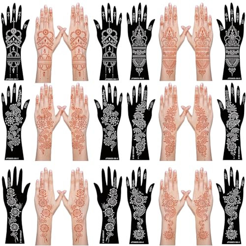 12 Blätter Henna Tattoo Kit Aufkleber für Henna Tattoo Hand Unterarm Glitzer Airbrush DIY Tattooing Vorlage Groß Indianer Temporäre Tattoo Aufkleber