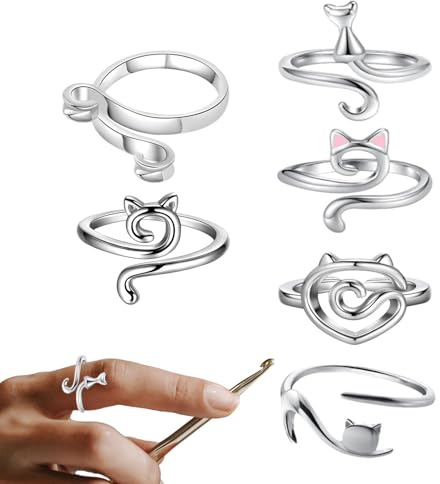 6 st justerbara stickringar virkad fingerögla, flätade ringar metallgarnhållare, krokstickning virktillbehör för gör-det-själv-hantverk och handvävning