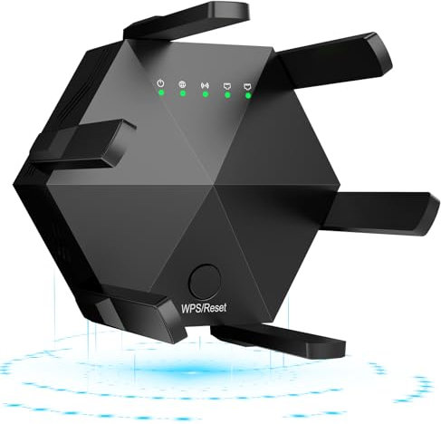 DINGBIU Amplificador WLAN con 300 Mbps – Amplificador WiFi de doble banda 2,4 GHz y 5,8 GHz, amplificador de Internet con 4 antenas externas de doble banda de 2 dBi de hasta 3000 m² y 30 dispositivos