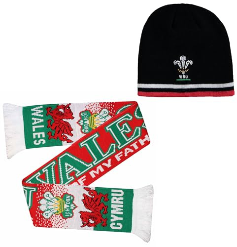 Offizielle Wales-Rugby-Beanie-Mütze, walisische Rugby-Mütze, Unisex-Wintermütze, Set aus Mütze und Schal, Einheitsgröße
