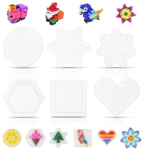 DIY Transparente Bügelperlen Steckplatte Set, 6 Stück Groß Bügelperlen Vorlagen, Rund, Stern, Viereck, Sechseck, Herz, Blume