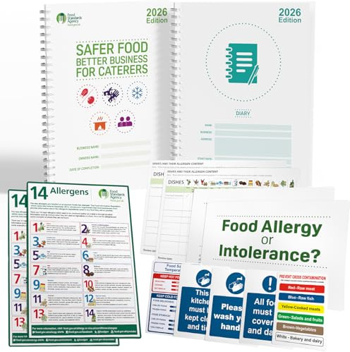 Safer Food Better Business 2026, 13-Month Diary Food Hygiene Record Book, Food Safety Book Kit including Food Allergy and Kitchen Safety Signs for Caterers Restaurants and Takeaways